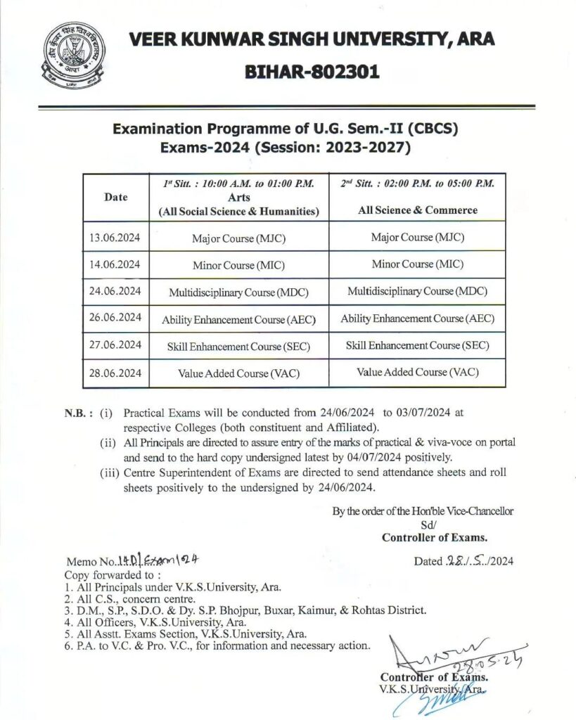 vksu semester 2 exam date 2023-27