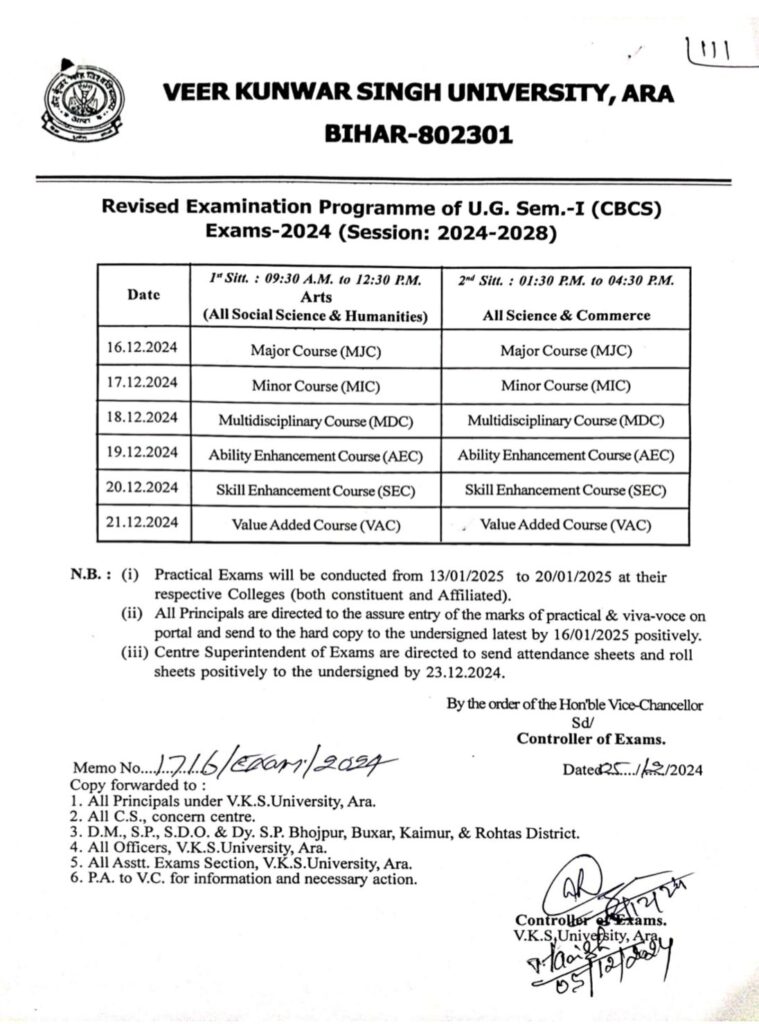 VKSU UG Semester 1 Exam Centre List 2024-2028 Download